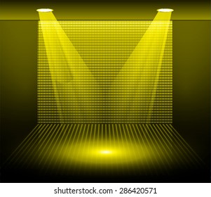 Stage Lighting yellow Background with Spot Light Effects, vector illustration. Abstract light lamps background for Technology computer graphic website internet business. screen, movie, cinema, scene