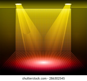 Stage Lighting yellow pink Background with Spot Light Effects, vector illustration. Abstract light lamps background for Technology computer graphic website internet business. screen,movie,cinema,scene