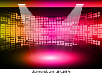 Stage Lighting yellow pink orange Background with Spot Light Effects, vector illustration. Abstract light lamps background for Technology computer graphic website internet business.screen,movie,cinema
