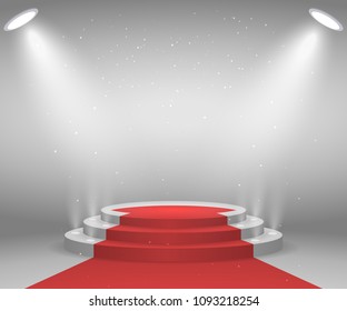 Stage with lights for awards ceremony. Illuminated Round Podium with red carpet. Pedestal.
