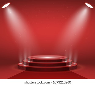 Stage with lights for awards ceremony. Illuminated Round Podium with red carpet. Pedestal.
