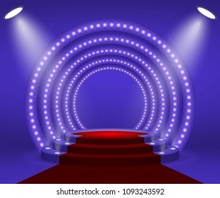 Stage with lights for awards ceremony. Illuminated Round Podium with red carpet. Pedestal.
