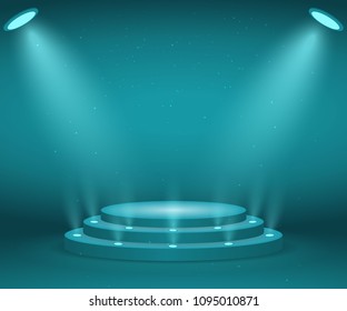 Stage with lights for awards ceremony. Illuminated Round Podium. Pedestal.
