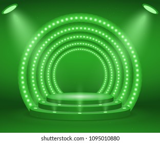 Stage with lights for awards ceremony. Illuminated Round Podium. Pedestal.
