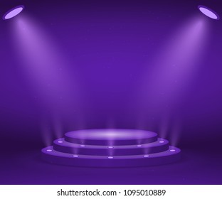 Stage with lights for awards ceremony. Illuminated Round Podium. Pedestal.
