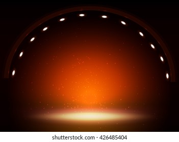 Stage lights circle projectors in the dark. Vector
