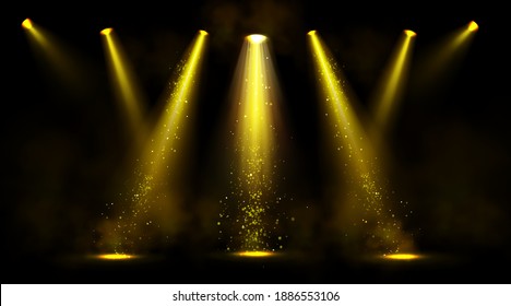 Stage Lights, Gold Spotlight Beams With Smoke And Sparkles On Black Background, Glowing Elements For Studio Or Theater Scene, Lamp Rays For Concert, Show Presentation, Realistic 3d Vector Isolated Set