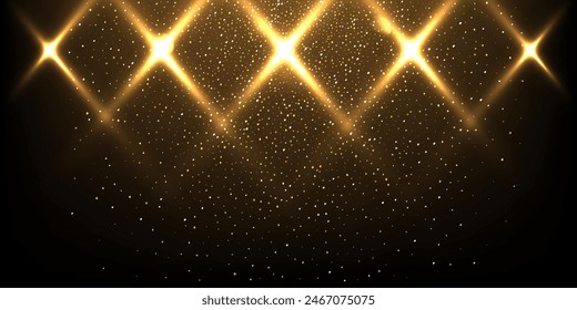 Luces de escenario con Vector de brillo dorado ilustración realista. Abstractas focos de oro con rayos sobre fondo oscuro. Destellos y destellos brillantes.