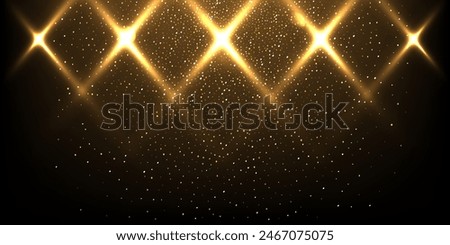 Stage lights with golden glitter vector realistic illustration. Abstract gold spotlights with rays on dark background. Bright flashes and sparkles.