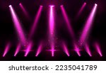 Stage lights, pink spotlight beams with sparkles on black background, glowing studio or theater scene lamp rays illumination on floor and ceiling for concert or show presentation, Realistic 3d vector
