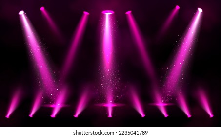 Stage lights, pink spotlight beams with sparkles on black background, glowing studio or theater scene lamp rays illumination on floor and ceiling for concert or show presentation, Realistic 3d vector