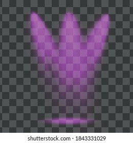 Stage lights. Several projectors in the dark. Purple spotlight strike through the darkness
