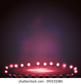Stage with lights, shine and spotlights red . Vector illustration  eps 10