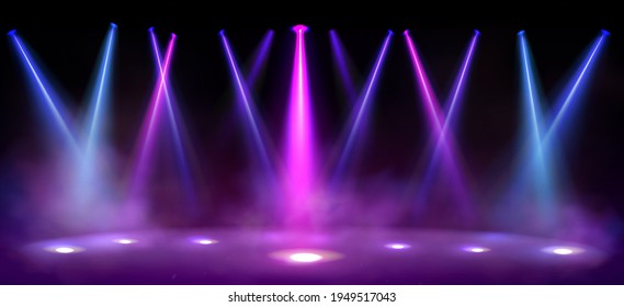 Stage lights, spotlight beams with smoke on black background, glowing studio or theater scene lamp rays, purple illumination on floor and ceiling for concert or show presentation, Realistic 3d vector