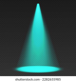 Stage limelight. Blue cone light from top with darkened edges.. Volumetric spotlight effect on dark background. Empty studio or concert scene. 3d rendering.