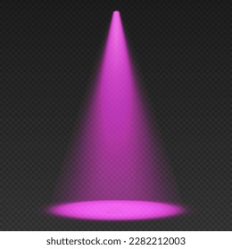 Stage limelight. Purple cone light from top with darkened edges.. Volumetric spotlight effect on dark background. Empty studio or concert scene. 3d rendering.