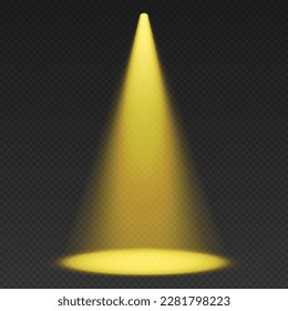 Stage limelight. Yellow cone light from top with darkened edges. Volumetric spotlight effect on dark background. Empty studio or concert scene. 3d rendering.