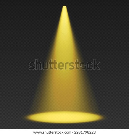 Stage limelight. Yellow cone light from top with darkened edges. Volumetric spotlight effect on dark background. Empty studio or concert scene. 3d rendering.