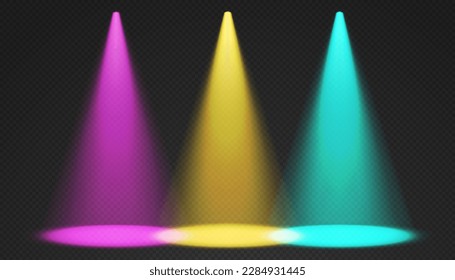 Stage limelight. Yellow, pink, blue cone lights from top with darkened edges. Volumetric spotlight effect on dark background. Empty studio or concert scene. 3d rendering.