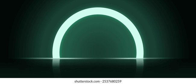 Stage lit with neon blue green lights in dark studio background. Black room with simple semicircular arc light bulb scene, abstract pattern. Space or futuristic technology style. Shiny floor reflects 