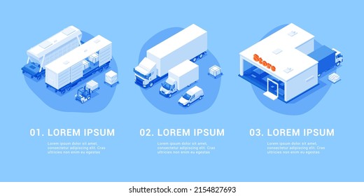 Stufe der logistischen Prozess-Infografik Schema mit Platz für Text isometrische Vektorgrafik. Ladelieferung Business Plan Ladung am Lager, Transport, Lagerhaus-Vertriebsbanner