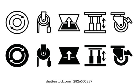 Stage Machinery Line and Solid Icon Pack For UI | Revolving stage, theater rig, trapdoor, hydraulic lift, caster - Flat and Editable Vector Icons.