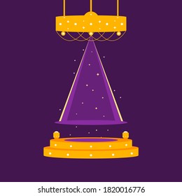 Stage magic style. Gold stage with shimmering glitter. The golden stage has a purple spotlight. Gold stage in flat design. Illustration vector.