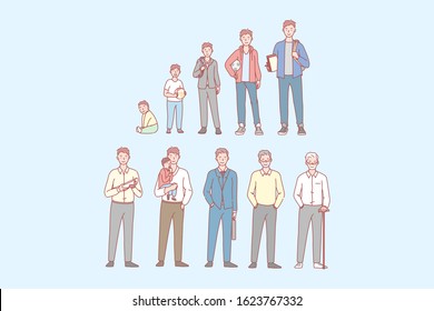 Stage of mans life. From newborn to oldman. Man in different age. Process of growing up. Childhood and adulthood generation. Youth, adult and old age in cartoon style. Simple flat vector.