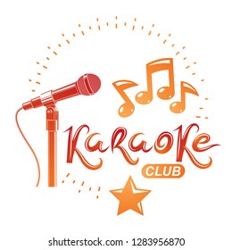 Stage microphone audio equipment composed with musical notes, can be used as vector emblem for karaoke club advertising and nightclub discotheque invitation poster.