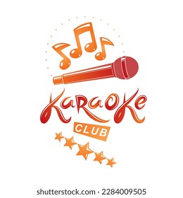 Stage microphone audio equipment composed with musical notes, can be used as vector emblem for karaoke club advertising and nightclub discotheque invitation poster.