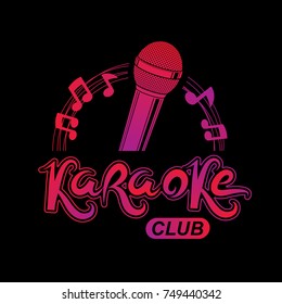 Stage microphone audio equipment composed with musical notes, can be used as vector emblem for karaoke club advertising and nightclub discotheque invitation poster.