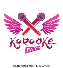 Stage microphone audio equipment created using bird wings, live music concert vector invitation emblem. Music and art makes you free, karaoke party lettering.