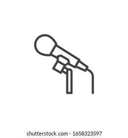 Stage Microphone Line Icon. Karaoke Mic Linear Style Sign For Mobile Concept And Web Design. Microphone On Stage Outline Vector Icon. Symbol, Logo Illustration. Vector Graphics