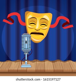 stage microphone mask ribbon stand up comedy show vector illustration