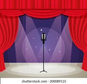 Stage With Microphone In Spotlight With Red Curtain Background Vector Illustration.