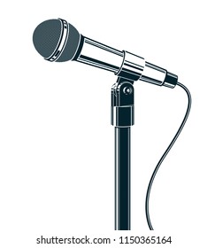 Stage microphone vector illustration isolated on white. Press conference, influence of social message.