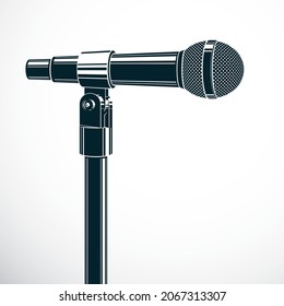 Stage microphone vector illustration isolated on white. Press conference, influence of social message.
