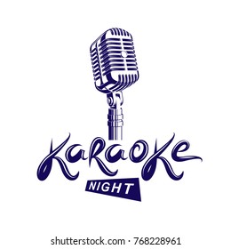 Stage microphone vector illustration, stereo and audio professional equipment. Vector emblem for use in karaoke night advertising flyer design.