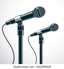 Stage microphones vector illustration isolated on white. Press conference, influence of social message.