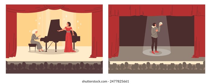 Stage moments captured: a pianist and opera singer performing, and a contemplative actor with a skull. Vector illustrations of theatrical expressions.