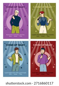 Stage monologue. Comedy show. Artists club performance, woman holding microphone. Humorous illustration of joke telling. Posters and greeting design show entertainment. Vector comic happy characters