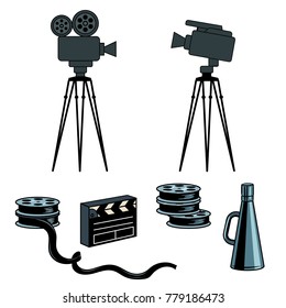 Stage movie cameras director tools set isolated on white background vector illustration. Comic book style imitation.