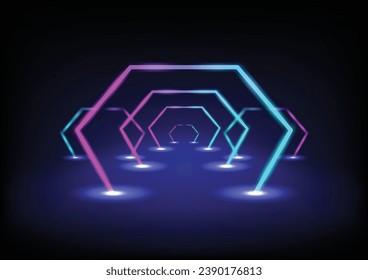 Fondo geométrico de la luz de neón en el escenario. neón hexagonal brillante que crea un túnel rotatorio, espectro púrpura verde, luz ultravioleta fluorescente. Ilustración vectorial plana.