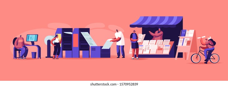 Stage of Newspaper Producing from Polygraphic Process in Modern Printing House to Selling in Booth on Street. People Create Typography Production for Retail Business. Cartoon Flat Vector Illustration