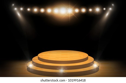 Stage on wood background and spotlight. Vector illumination