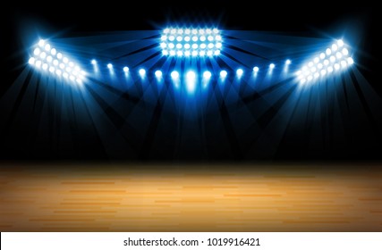Stage on wood background and spotlight. Vector illumination