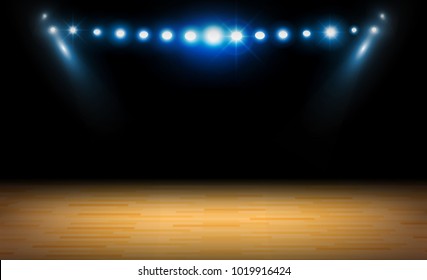 Stage on wood background and spotlight. Vector illumination