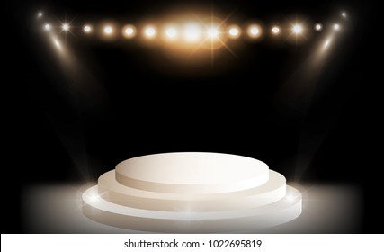 Stage on wood background and spotlight. Vector illumination