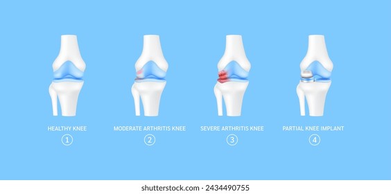 Etapa de reemplazo parcial de rodilla o implante. Cartílago óseo de pierna sano, artritis moderada y grave de rodilla. El tratamiento alivia la lesión articular. Concepto de ciencia y tecnología de la atención médica. Vector.