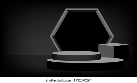 stage pedestal award 3d black grey, podium stage show for victory champion position, pedestal ellipse box for cosmetics product display show, circle stand modern for product place and presentation